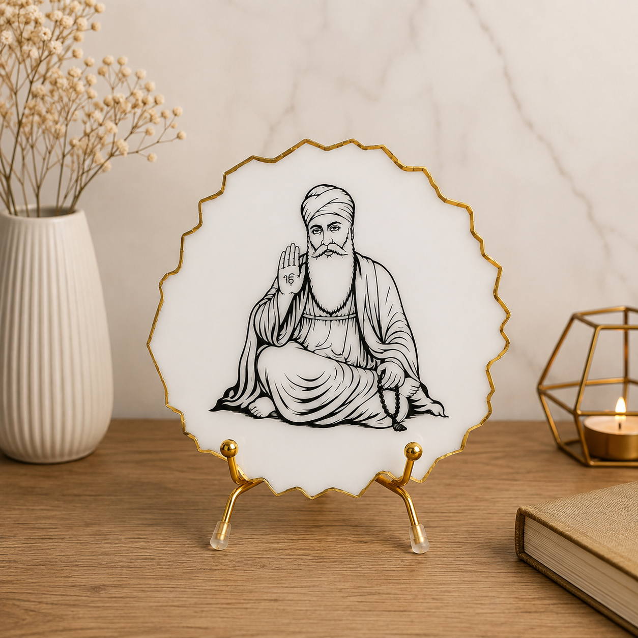 Handcrafted Resin Guru Nanak Metal Stand with Metallic Gold Sticker