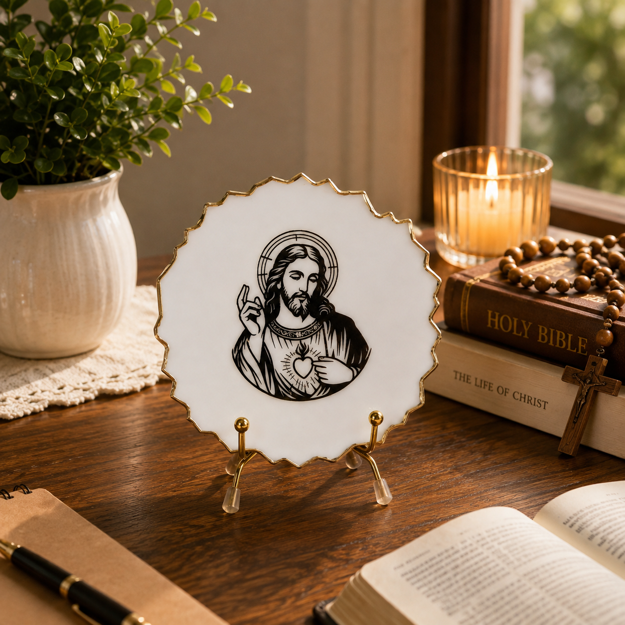 Handcrafted Resin Jesus Christ Metal Stand with Metallic Gold Sticker