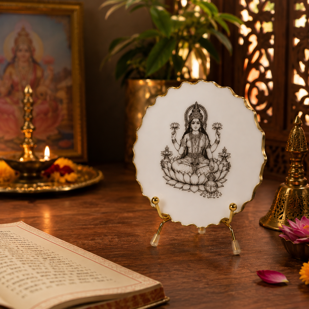 Handcrafted Resin Laxmi Mata Metal Stand with Metallic Gold Sticker