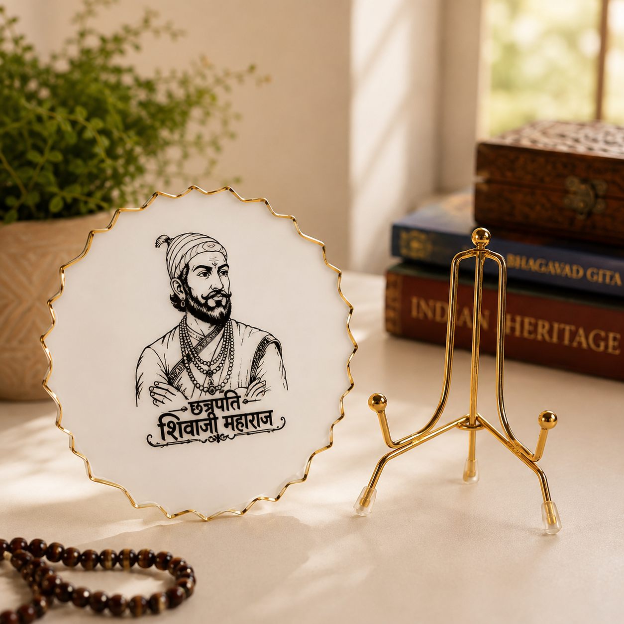 Handcrafted Resin Shivaji Maharaj Metal Stand with Metallic Gold Sticker