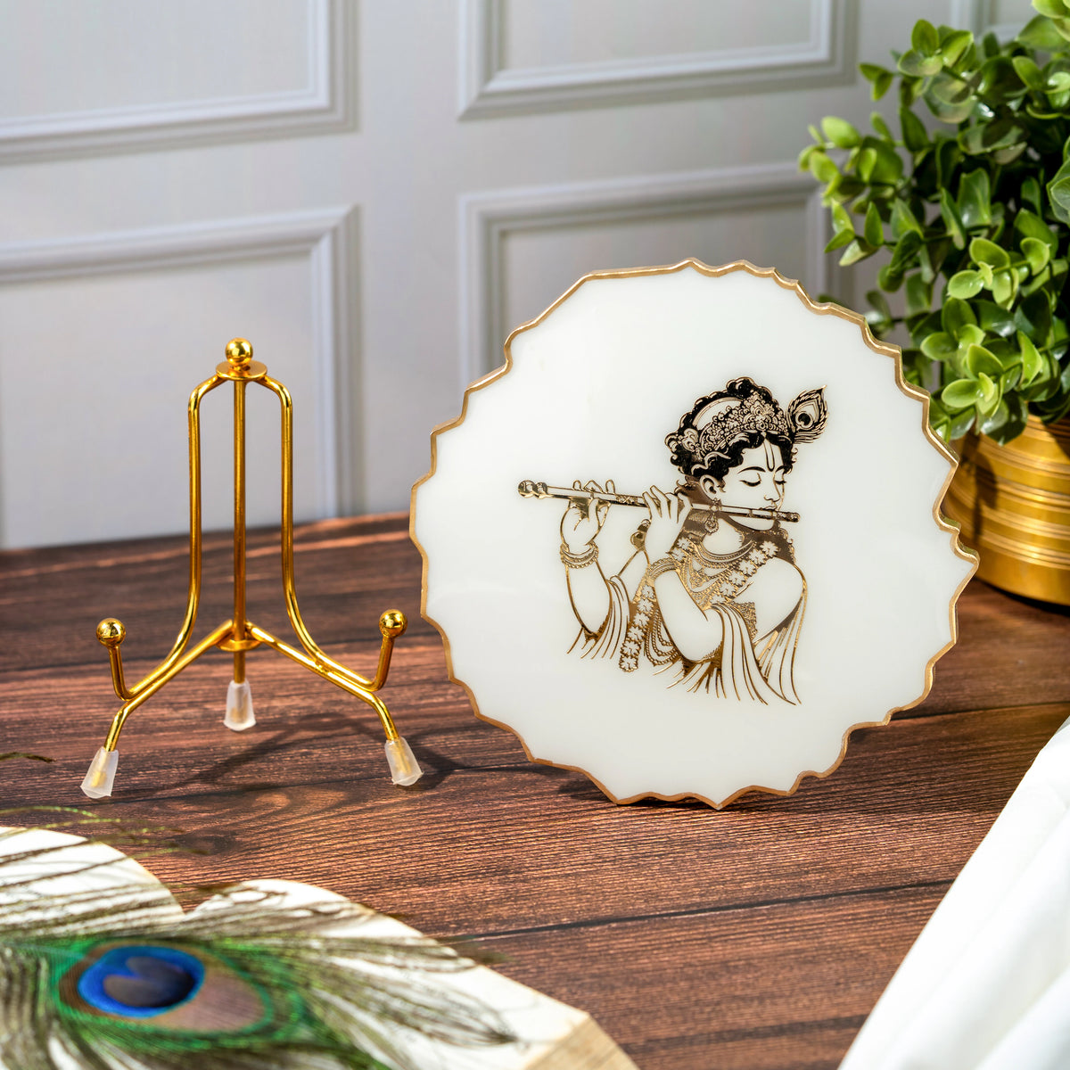 Handcrafted Resin Hare Krishna Metal Stand with Metallic Gold Sticker