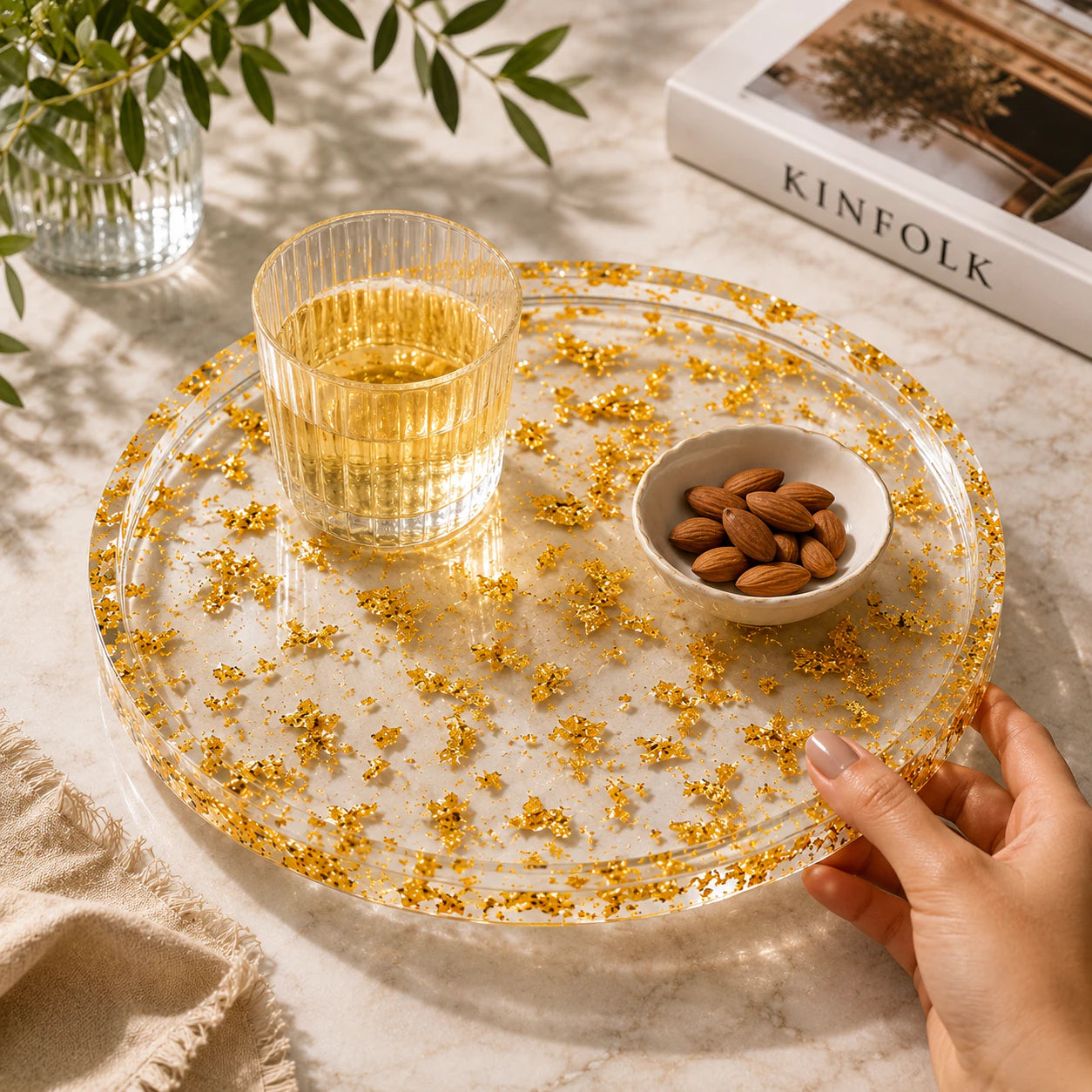 Handcrafted Resin Round Tray with Golden Flakes