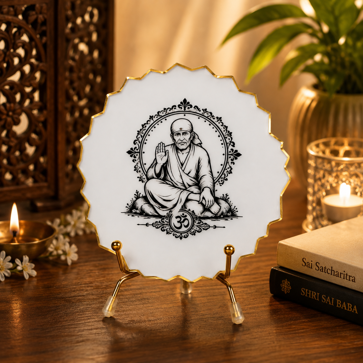 Handcrafted Resin Sai Baba Metal Stand with Metallic Gold Sticker