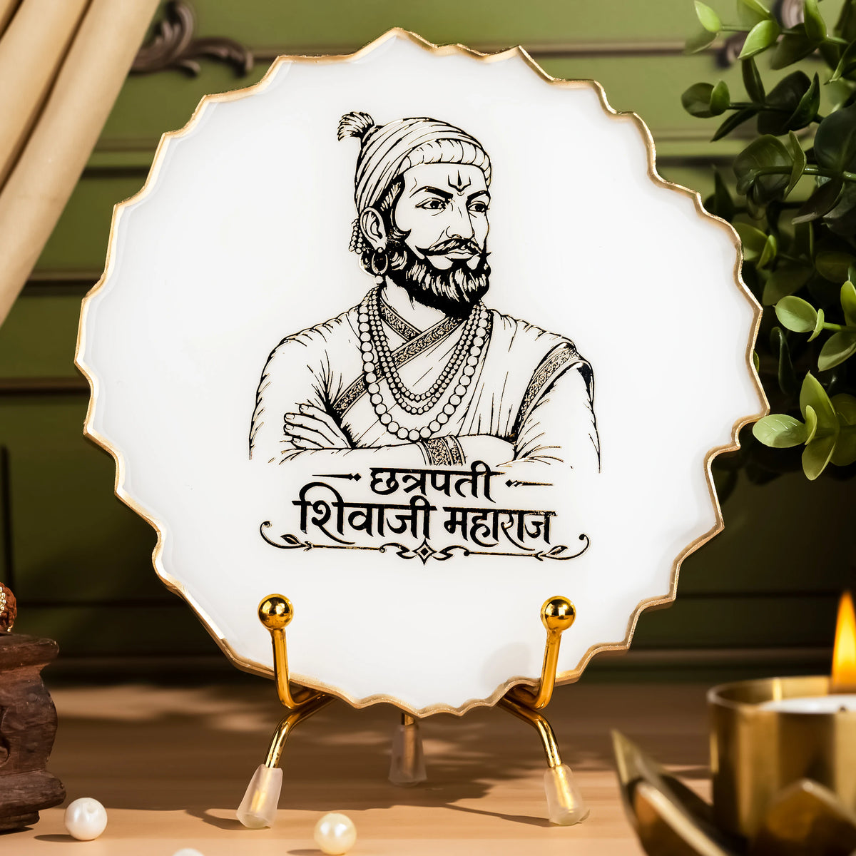 Handcrafted Resin Shivaji Maharaj Metal Stand with Metallic Gold Sticker