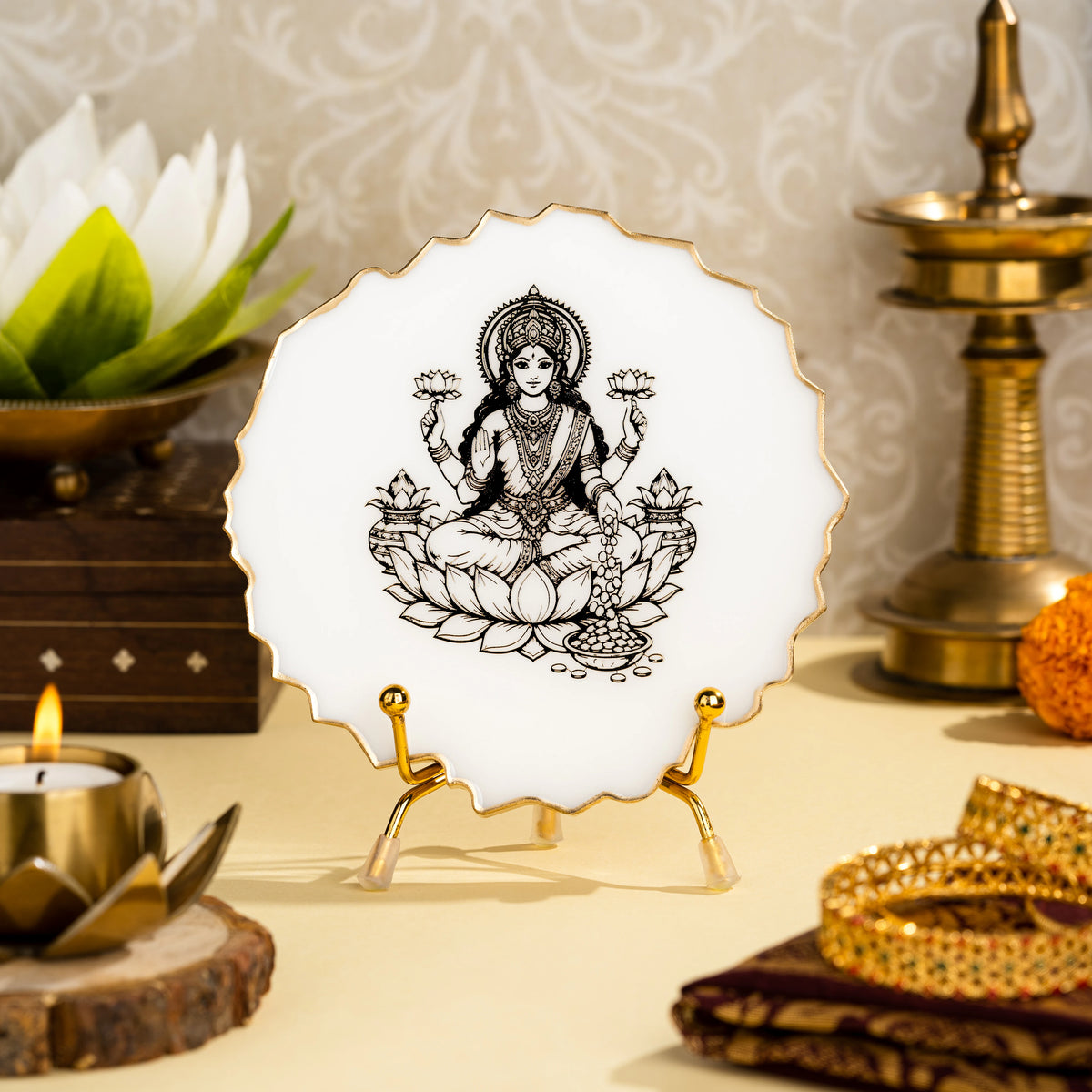 Handcrafted Resin Laxmi Mata Metal Stand with Metallic Gold Sticker