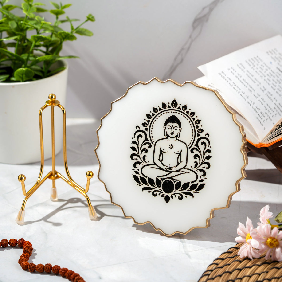 Handcrafted Resin Mahavir Swami Metal Stand with Metallic Gold Sticker