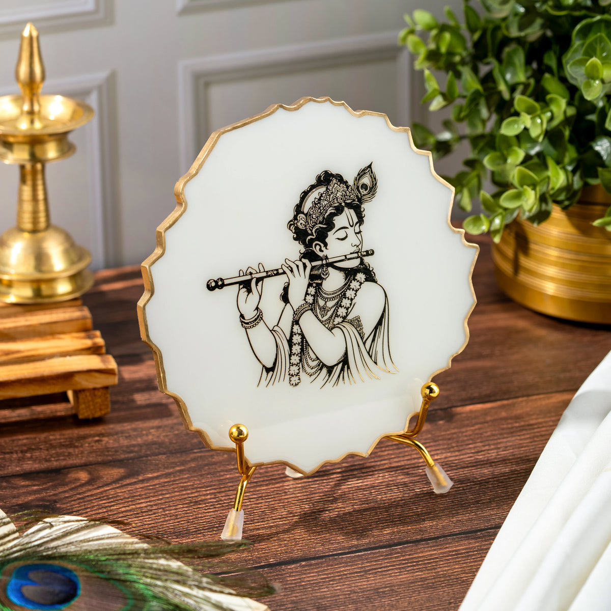 Handcrafted Resin Hare Krishna Metal Stand with Metallic Gold Sticker
