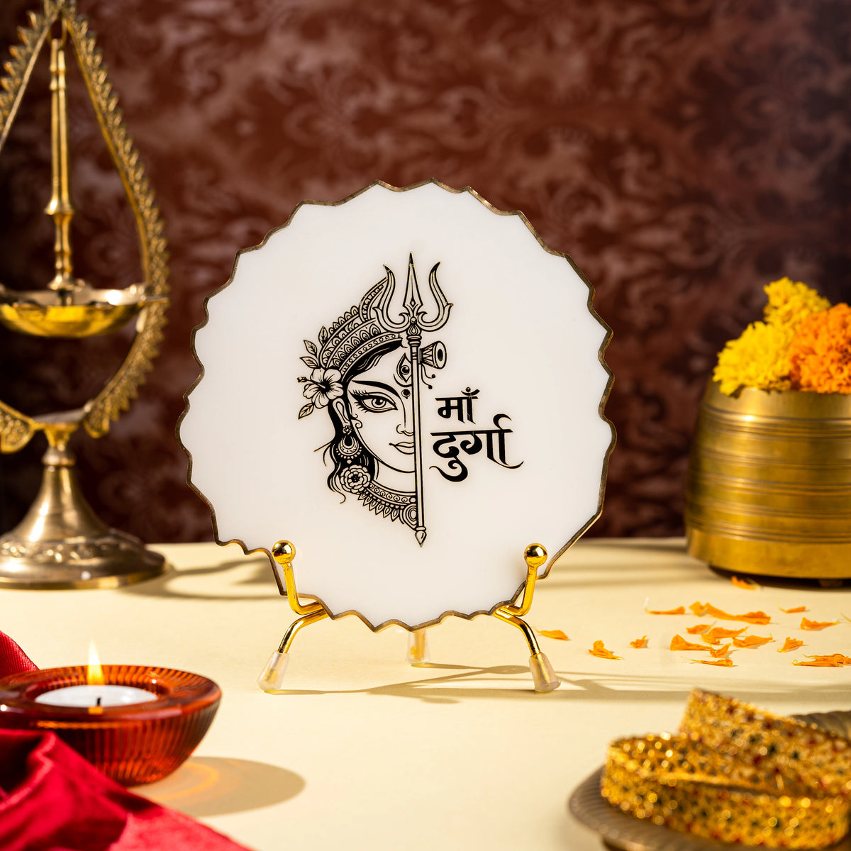 Handcrafted Resin Durga Ma Metal Stand with Metallic Gold Sticker - Spiritual Pooja Room Decor