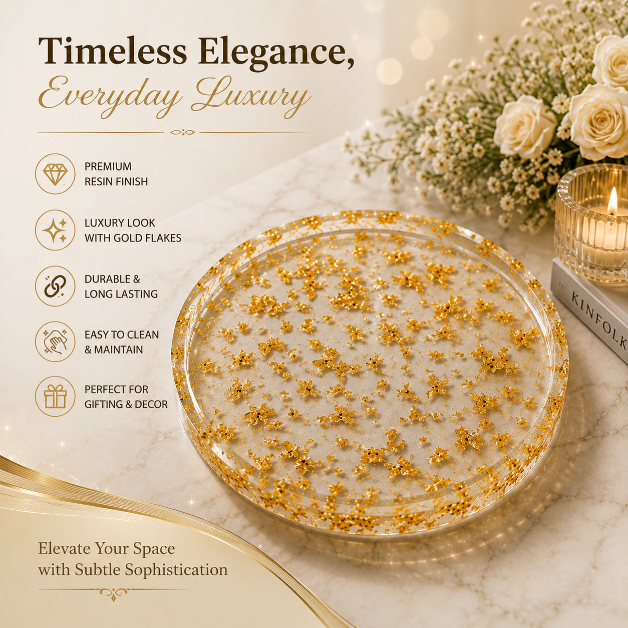 Handcrafted Resin Round Tray with Golden Flakes