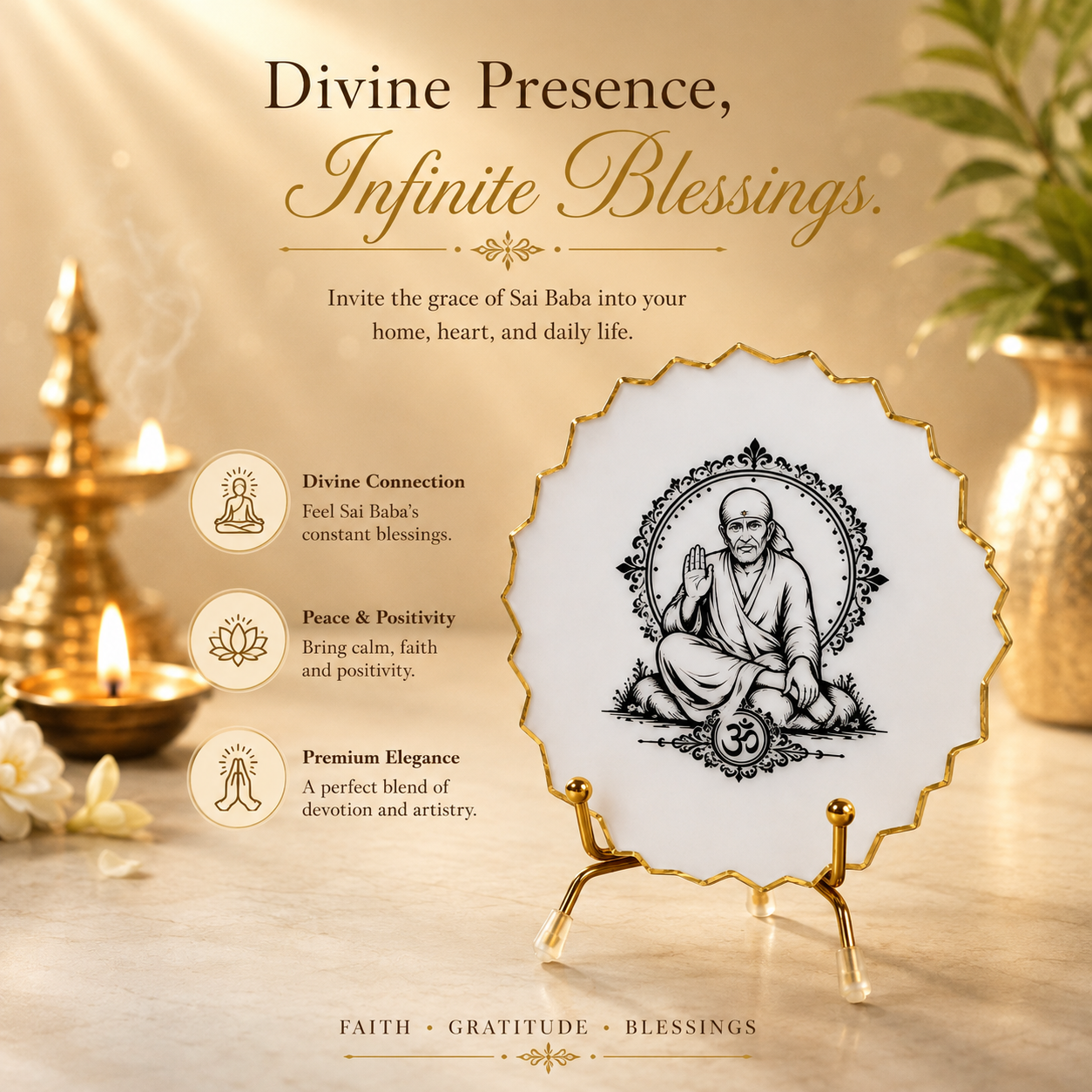 Handcrafted Resin Sai Baba Metal Stand with Metallic Gold Sticker