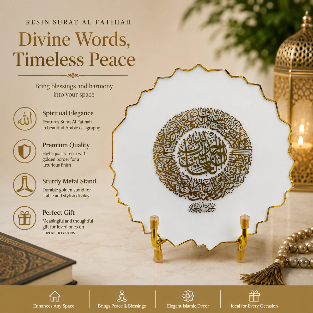 Handcrafted Resin Surat Al Fatihah Metal Stand with Metallic Gold Sticker
