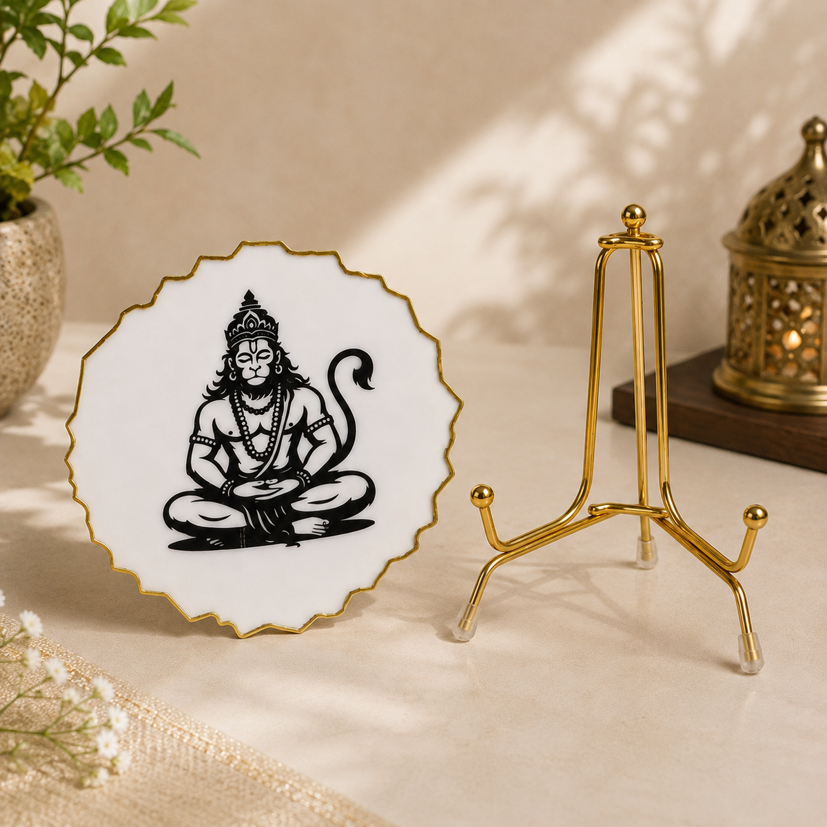 Handcrafted Resin Hanuman Ji Metal Stand with Metallic Gold Sticker