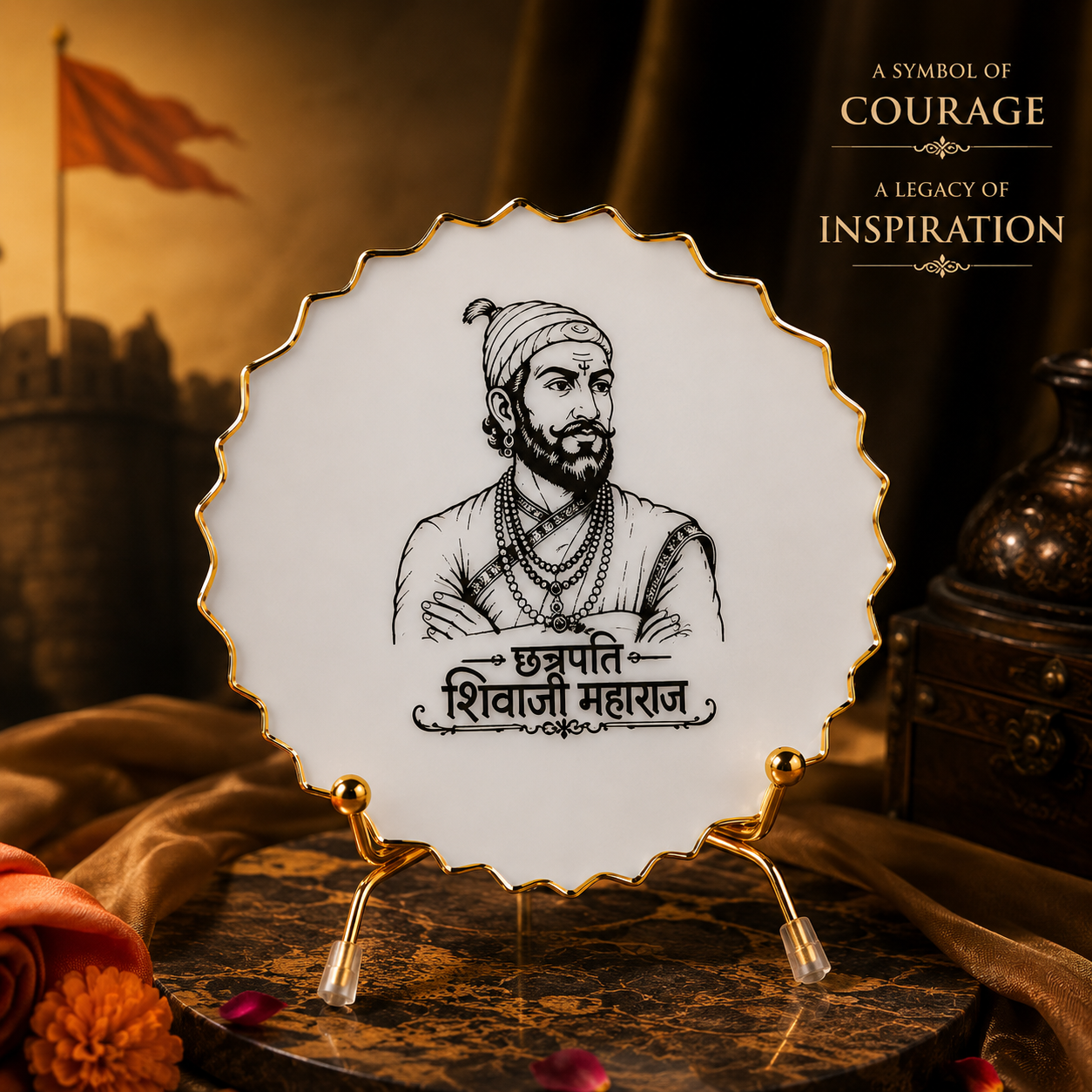 Handcrafted Resin Shivaji Maharaj Metal Stand with Metallic Gold Sticker