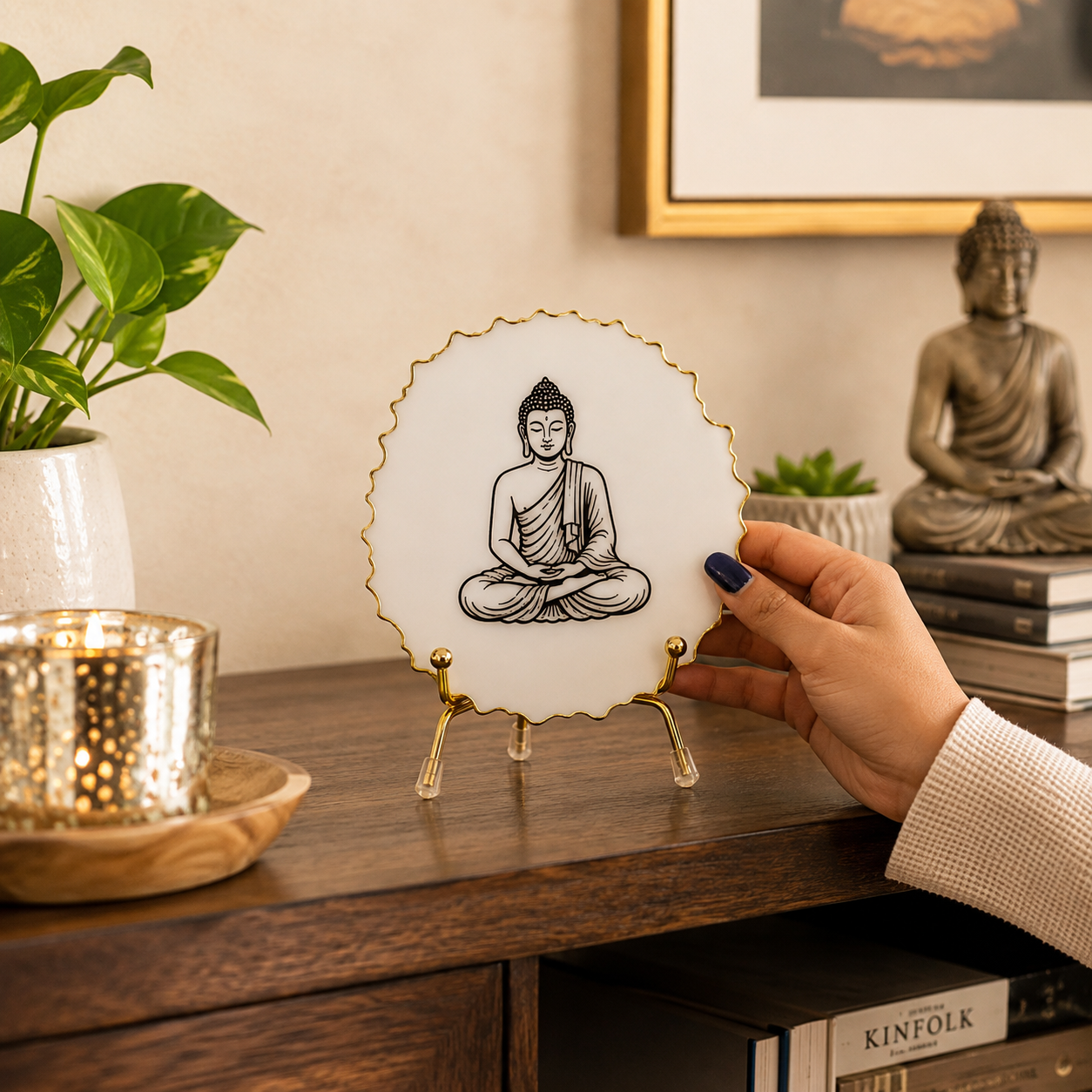 Handcrafted Resin Buddha Metal Stand with Metallic Gold Sticker