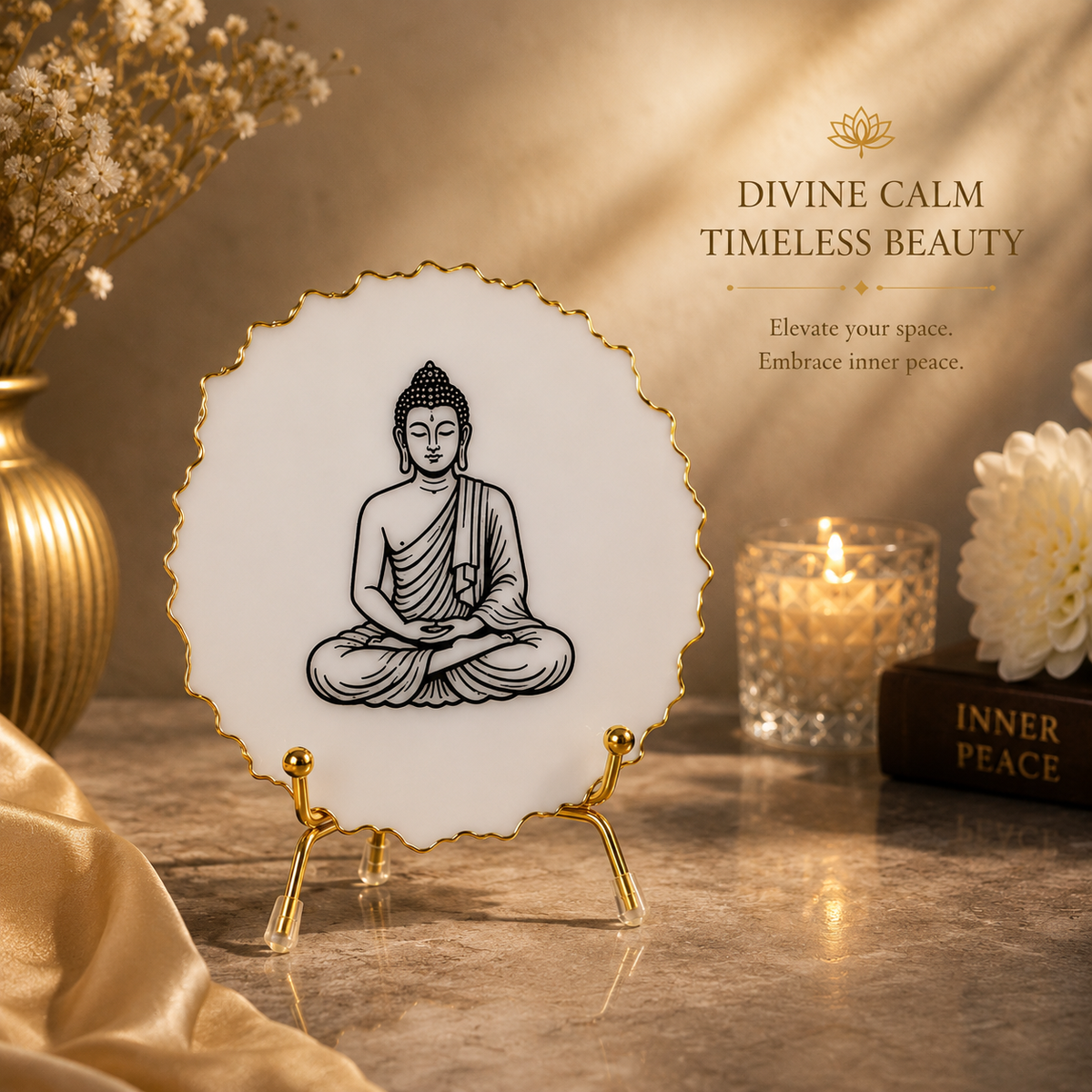 Handcrafted Resin Buddha Metal Stand with Metallic Gold Sticker