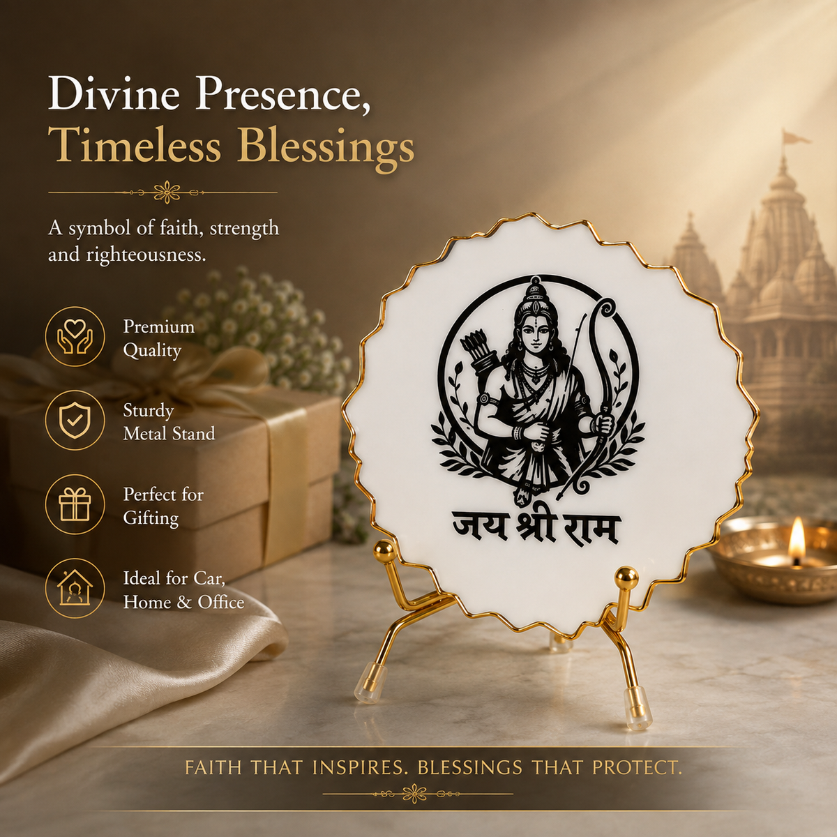 Handcrafted Resin Ram Ji  Metal Stand with Metallic Gold Sticker
