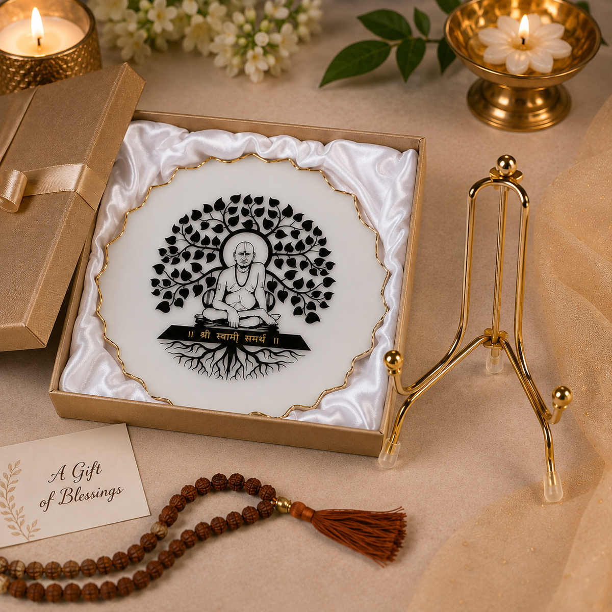 Handcrafted Resin Swami Samarth Metal Stand with Metallic Gold Sticker