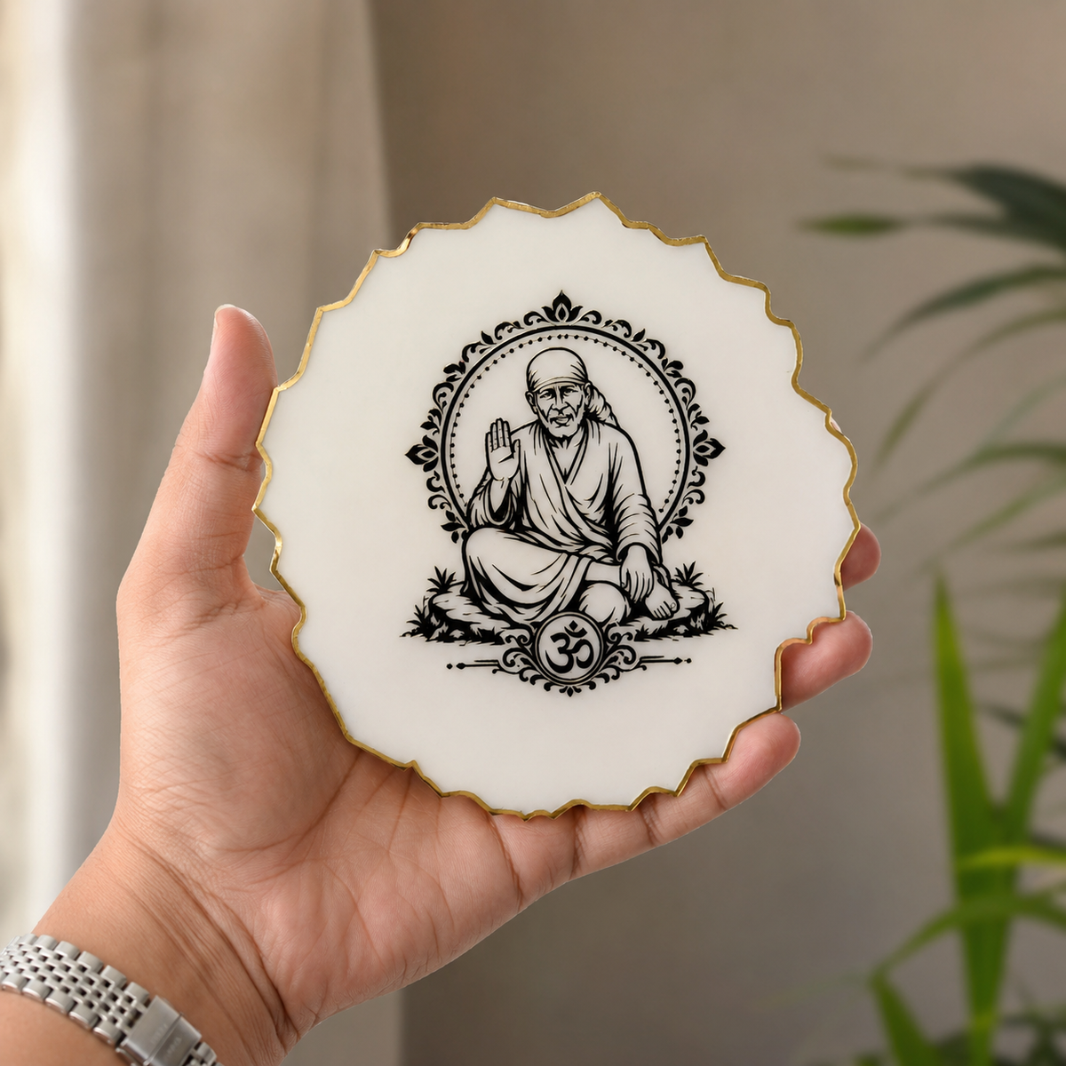 Handcrafted Resin Sai Baba Metal Stand with Metallic Gold Sticker