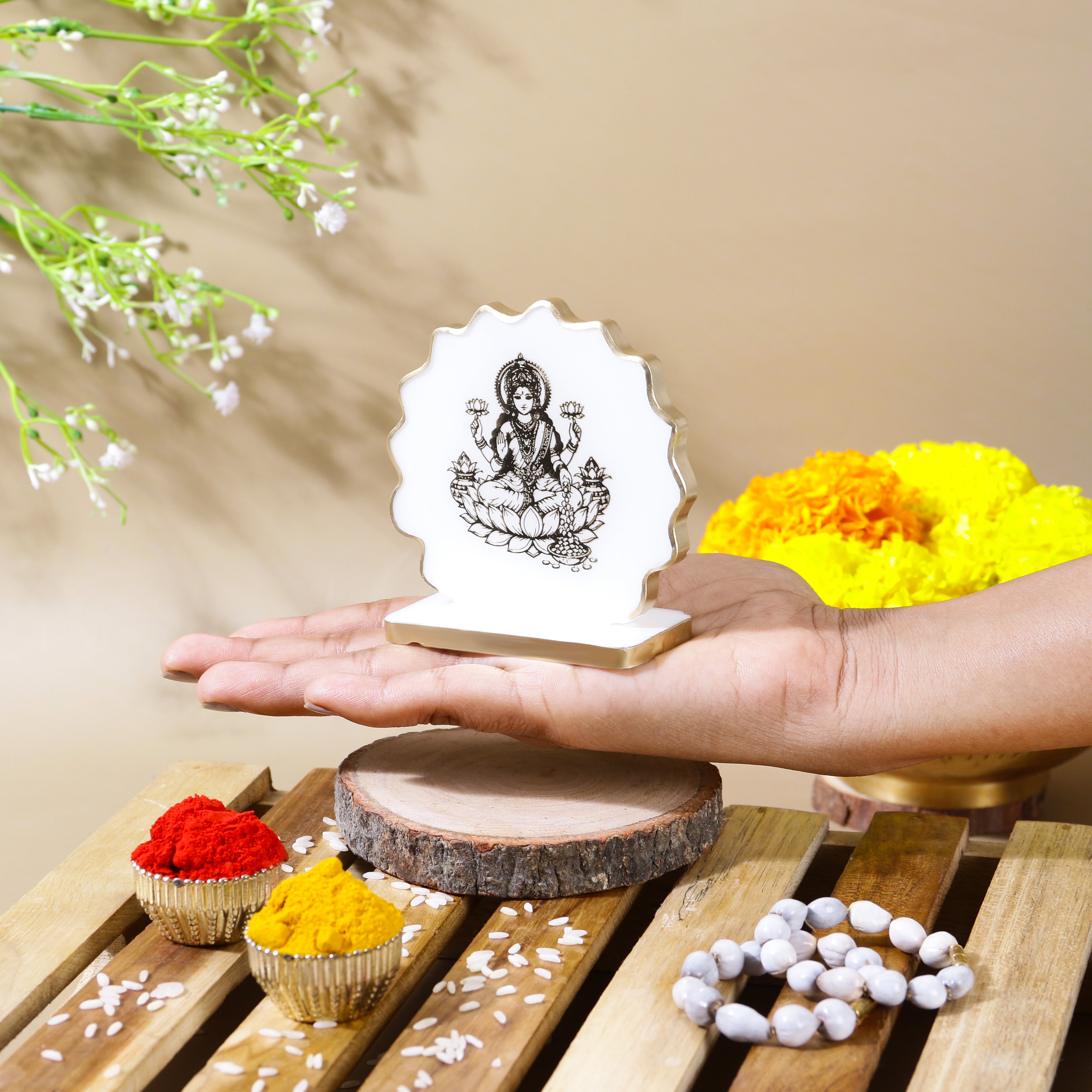 Handcrafted Resin Laxmi Maata Dashboard Idol with Metallic Gold Sticker