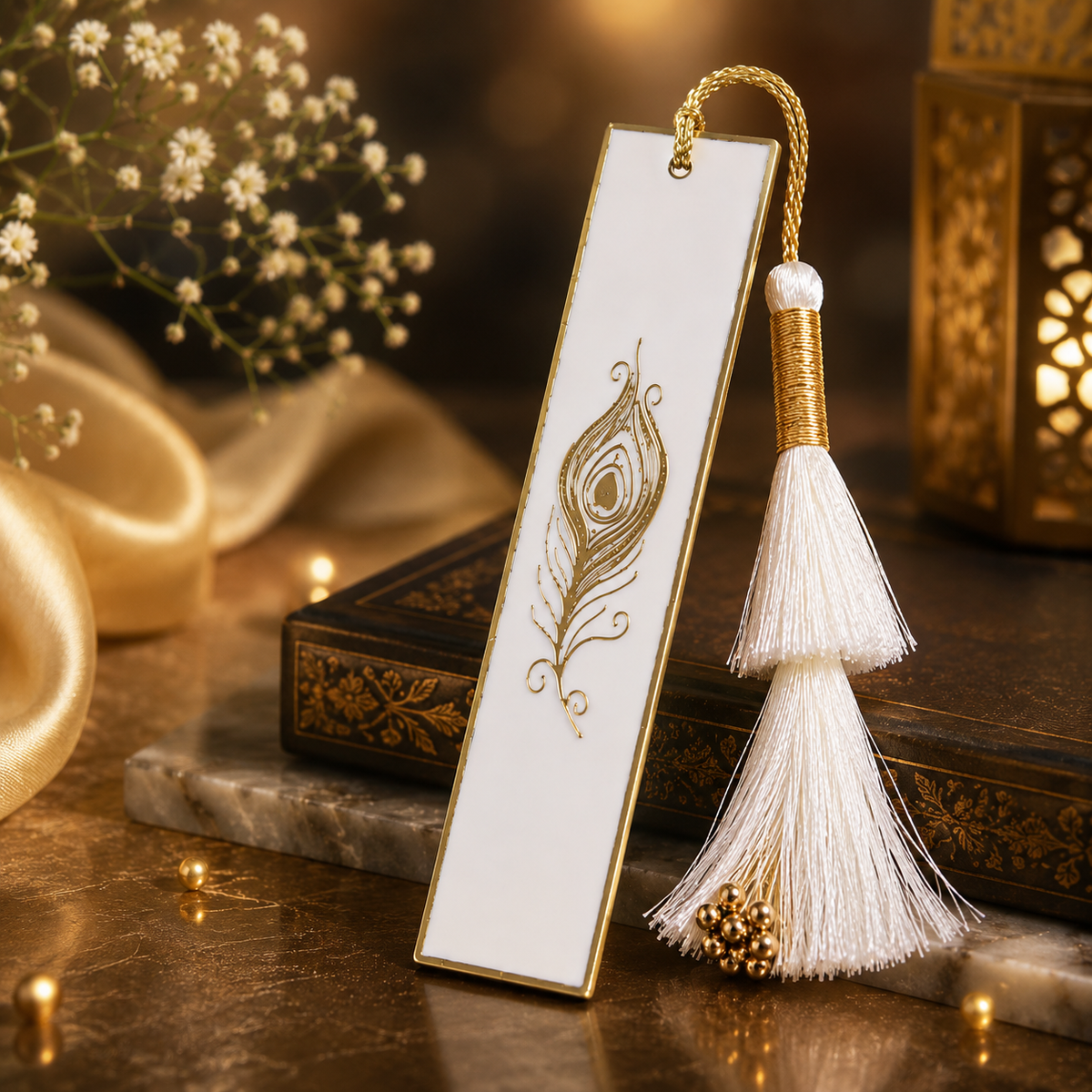 Handcrafted Resin Bookmark with Golden Border Metallic Peacock feather design