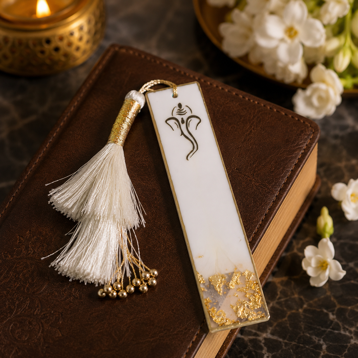 Handcrafted Resin Bookmark with Golden Border Metallic Peacock feather design
