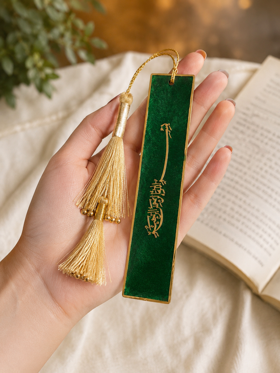 Handcrafted Resin Bookmark with Golden Border and Metallic Islamic design