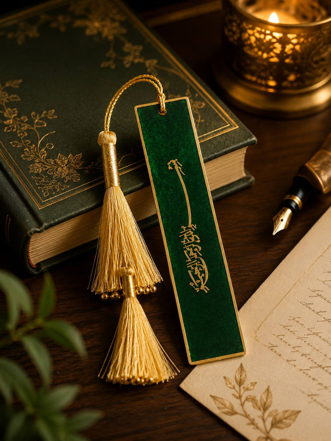 Handcrafted Resin Bookmark with Golden Border and Metallic Islamic design