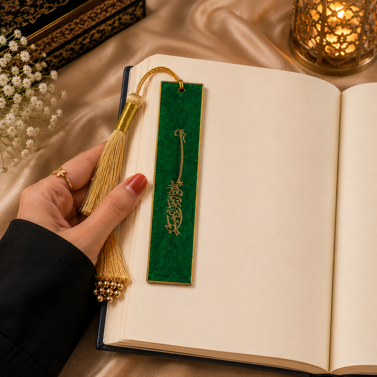 Handcrafted Resin Bookmark with Golden Border and Metallic Islamic design