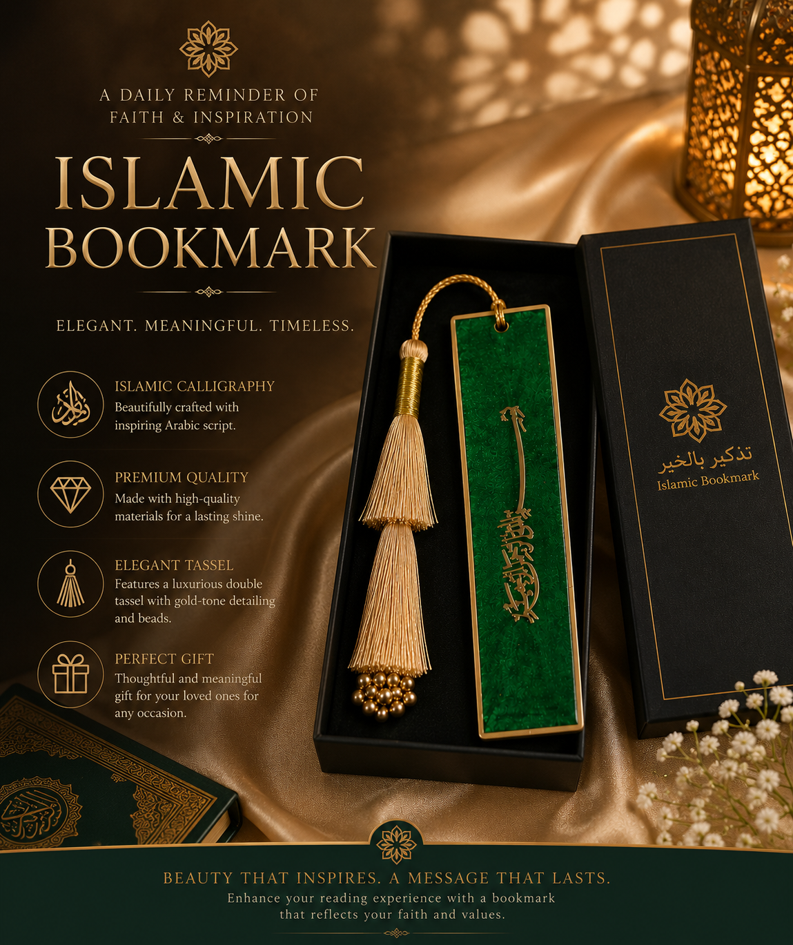 Handcrafted Resin Bookmark with Golden Border and Metallic Islamic design