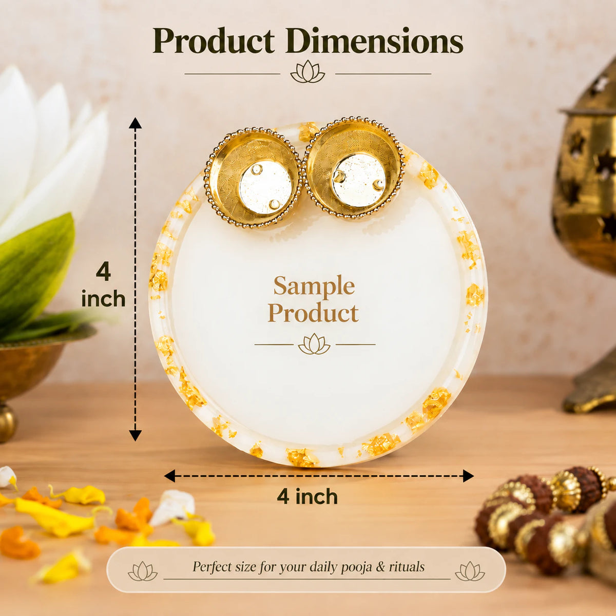 Handcrafted Resin Ganesh Puja Thali with Gold Flakes and Metallic Gold Sticker – Decorative Thali for Diwali, Ganesh Chaturthi, Gifts & Daily Puja | 4"
