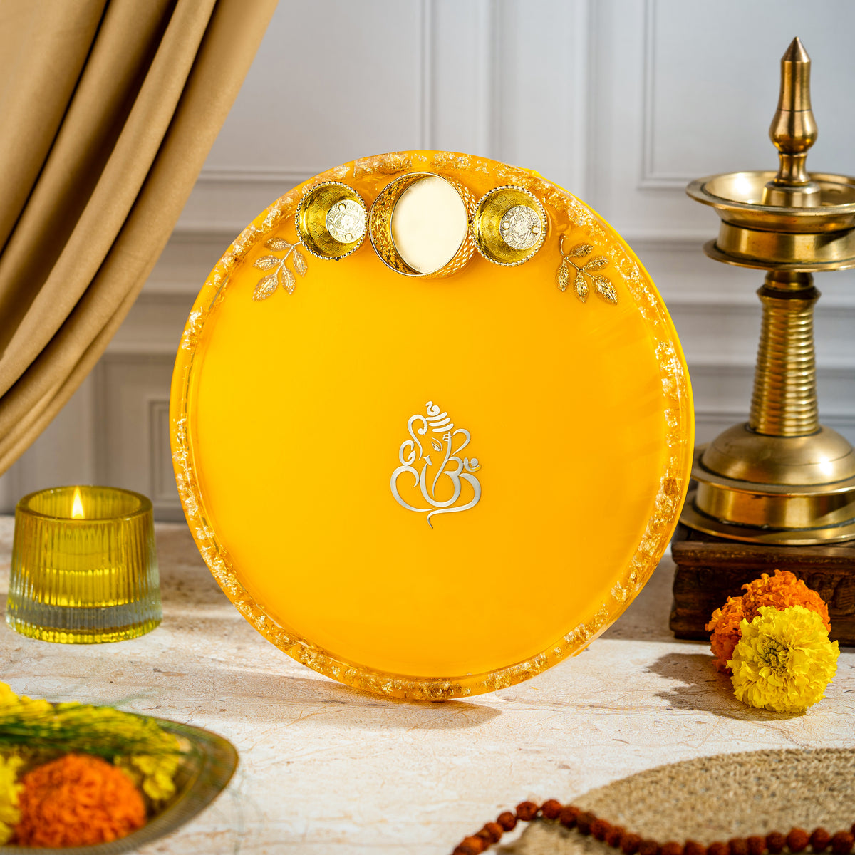 Handcrafted Resin Ganesh Puja Thali with Gold Flakes and Metallic Gold Sticker – Decorative Thali for Diwali, Ganesh Chaturthi, Gifts & Daily Puja | 8"