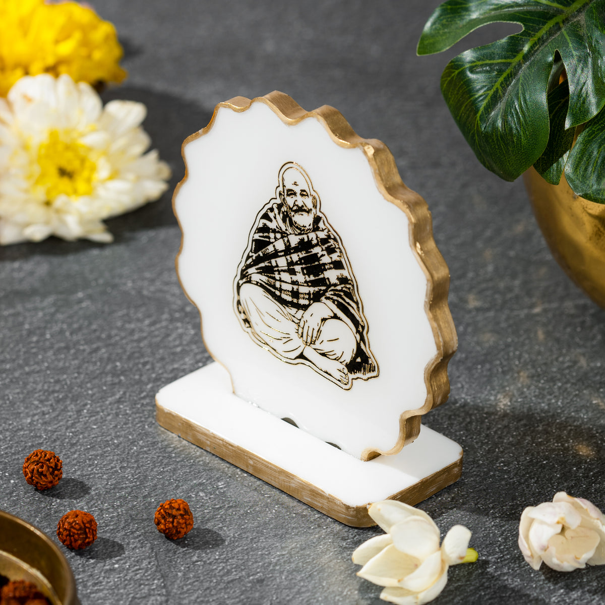 Handcrafted Resin Neem Karoli Baba Dashboard Idol with Metallic Gold Sticker