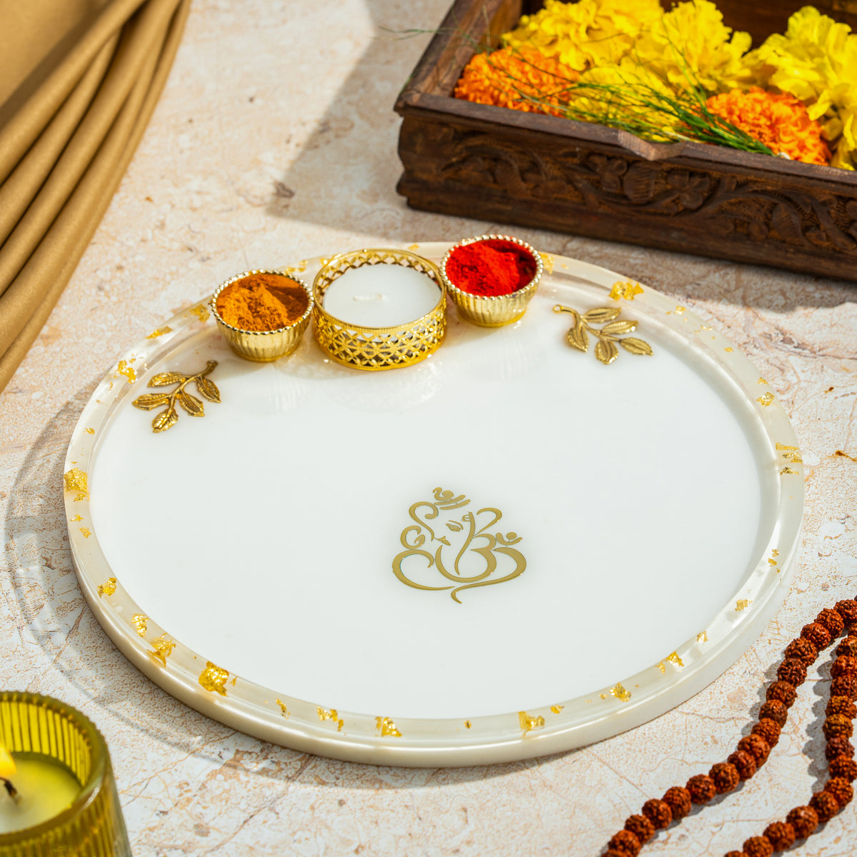 Handcrafted Resin Ganesh Puja Thali with Gold Flakes and Metallic Gold Sticker – Decorative Thali for Diwali, Ganesh Chaturthi, Gifts & Daily Puja | 8"