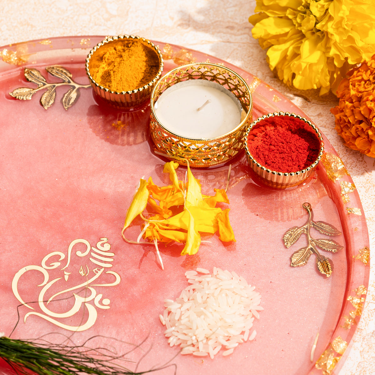 Handcrafted Resin Ganesh Puja Thali with Gold Flakes and Metallic Gold Sticker – Decorative Thali for Diwali, Ganesh Chaturthi, Gifts & Daily Puja | 8"