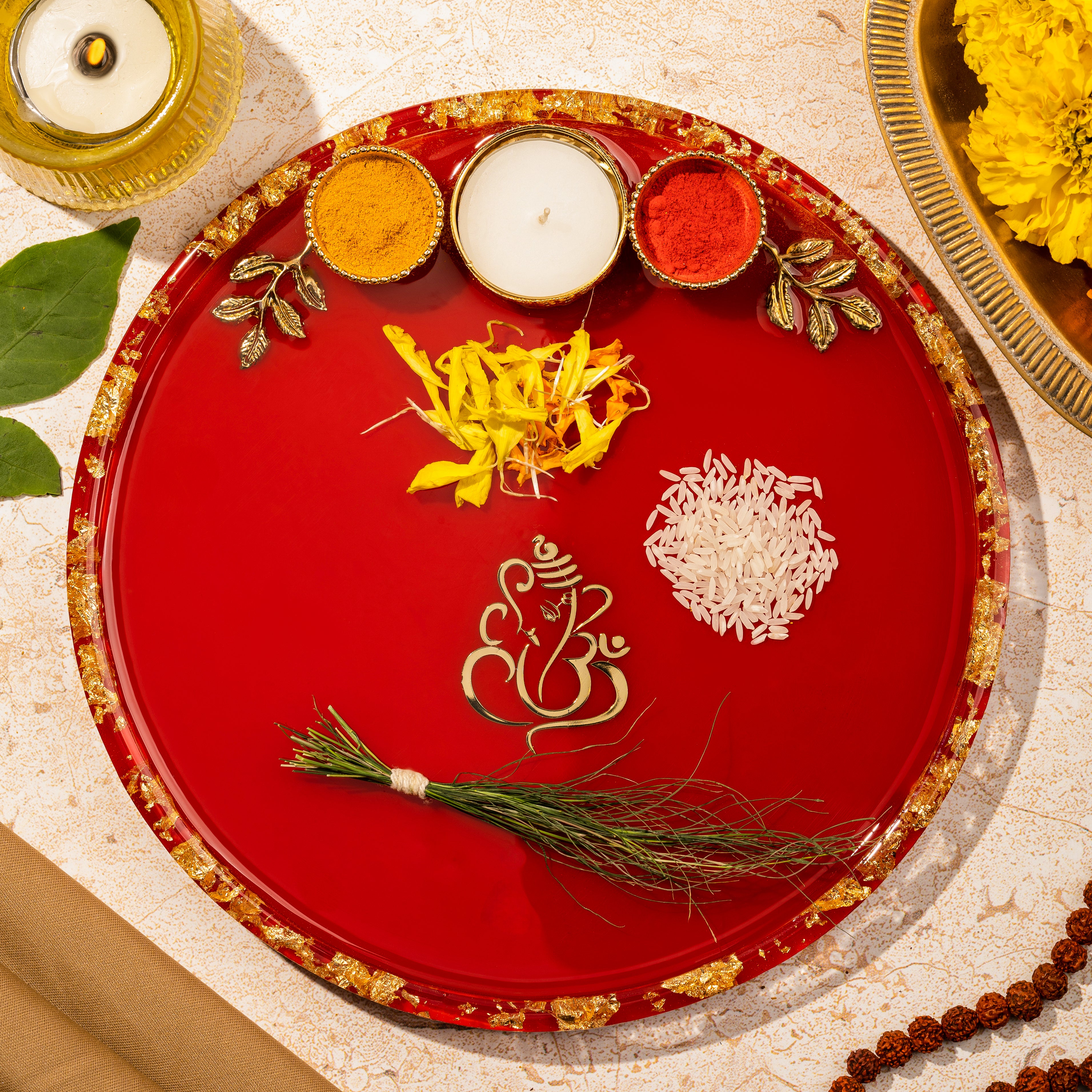 Handcrafted Resin Ganesh Puja Thali with Gold Flakes and Metallic Gold Sticker – Decorative Thali for Diwali, Ganesh Chaturthi, Gifts & Daily Puja | 8"