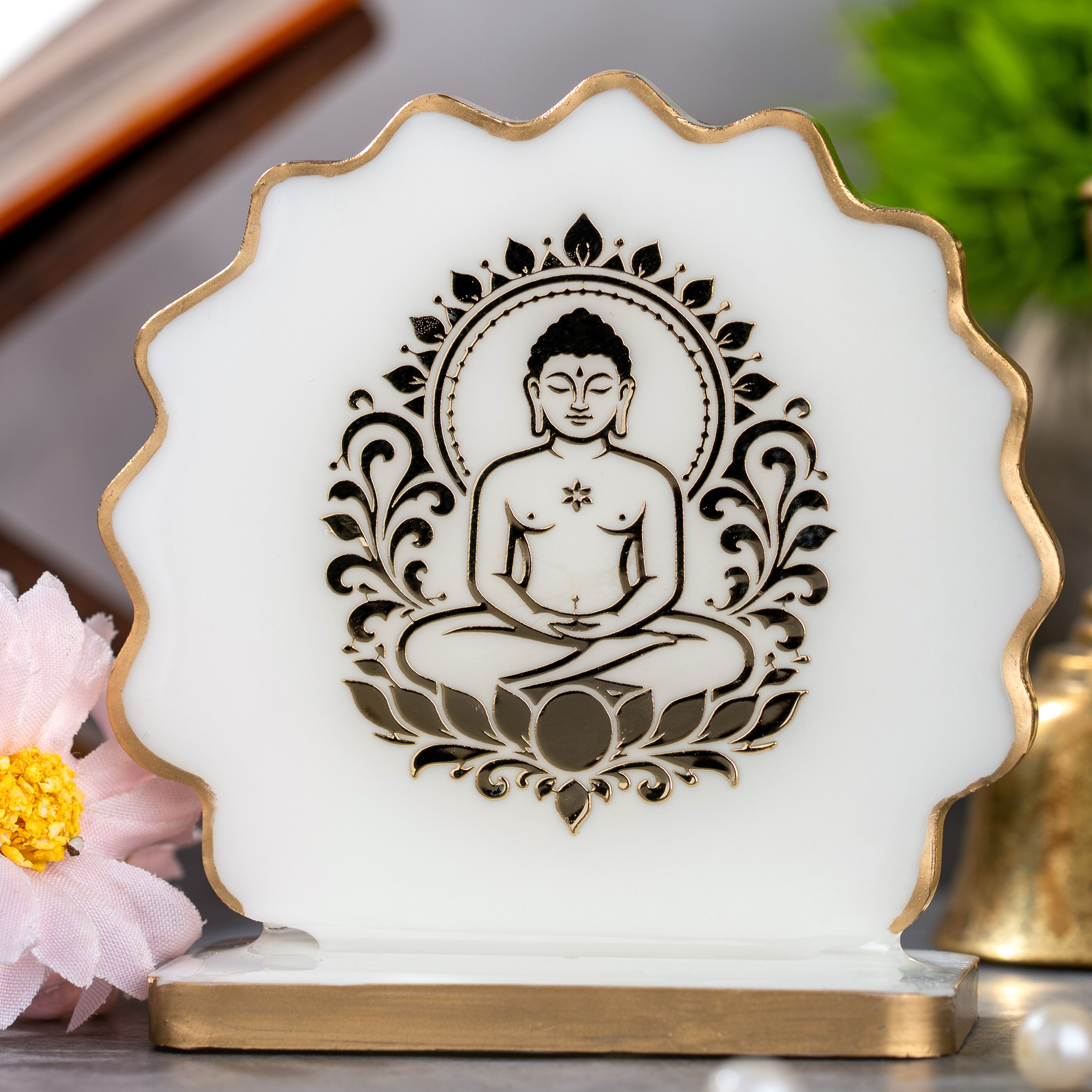 Handcrafted Resin Mahavir Swami Dashboard Idol with Metallic Gold Sticker