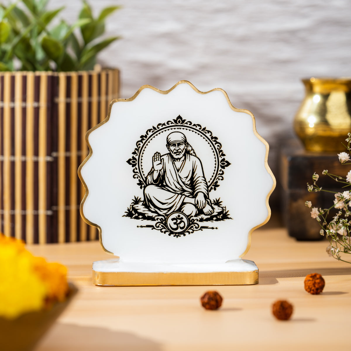 Handcrafted Resin Sai Baba Dashboard Idol with Metallic Gold Sticker