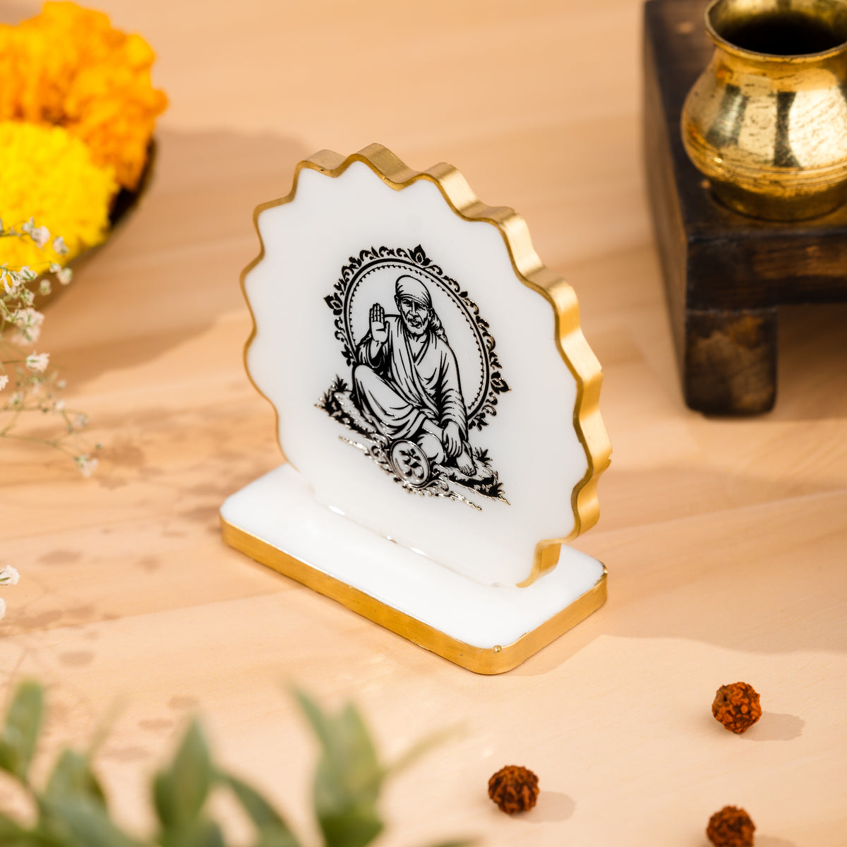 Handcrafted Resin Sai Baba Dashboard Idol with Metallic Gold Sticker
