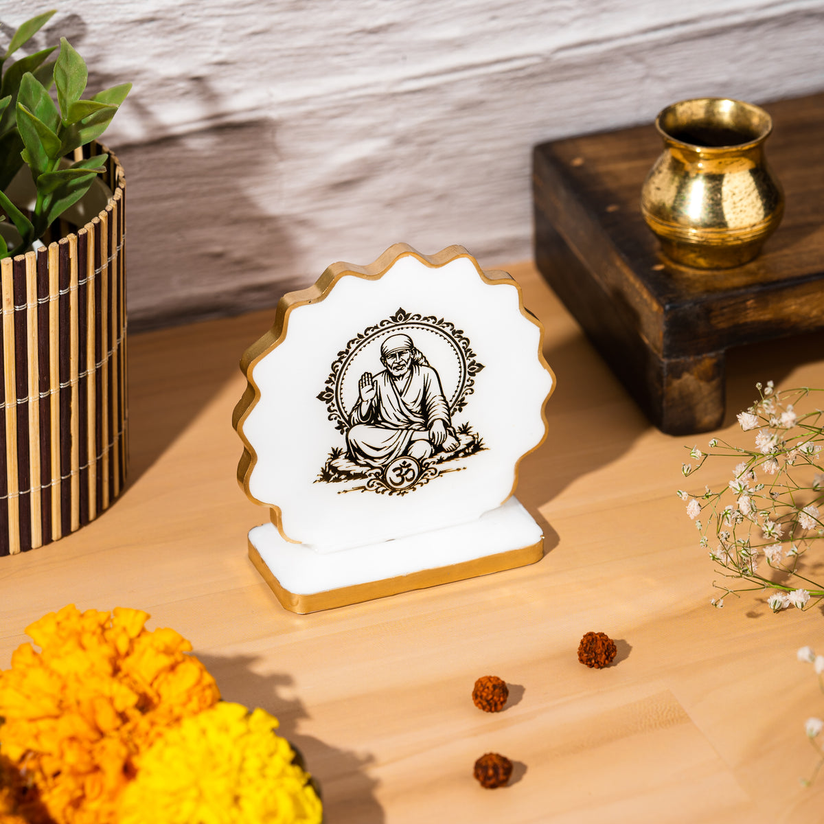 Handcrafted Resin Sai Baba Dashboard Idol with Metallic Gold Sticker
