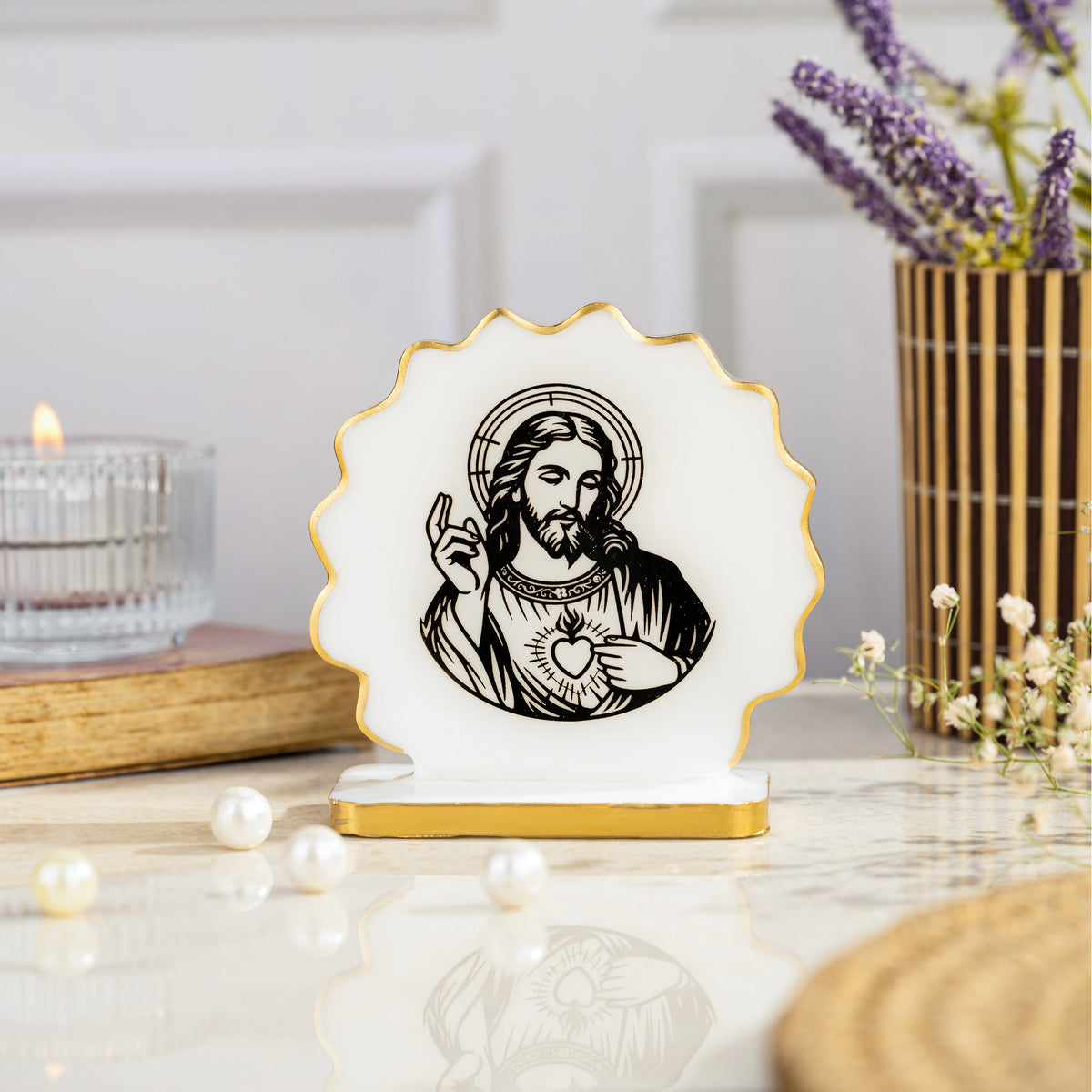 Handcrafted Resin Jesus Dashboard Idol with Metallic Gold Sticker