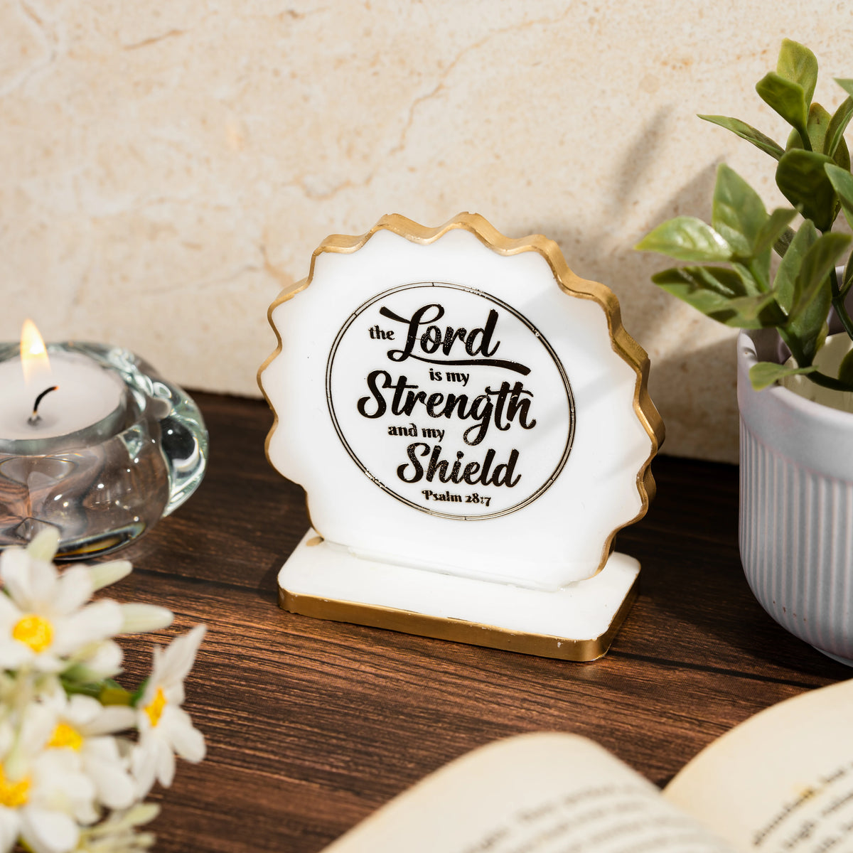 Handcrafted Resin Bible Verse Dashboard Idol with Metallic Gold Sticker