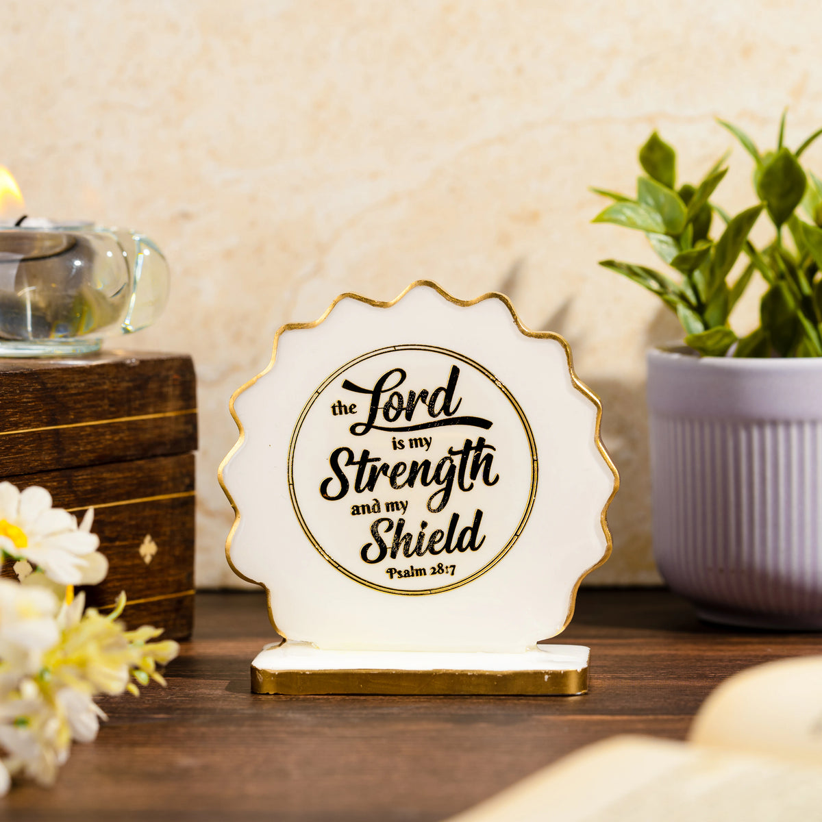 Handcrafted Resin Bible Verse Dashboard Idol with Metallic Gold Sticker