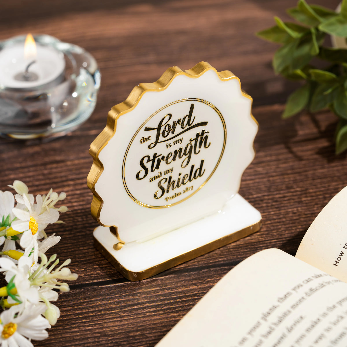 Handcrafted Resin Bible Verse Dashboard Idol with Metallic Gold Sticker
