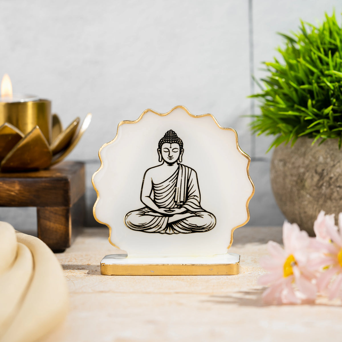 Handcrafted Resin Gautam Buddha  Dashboard Idol with Metallic Gold Sticker