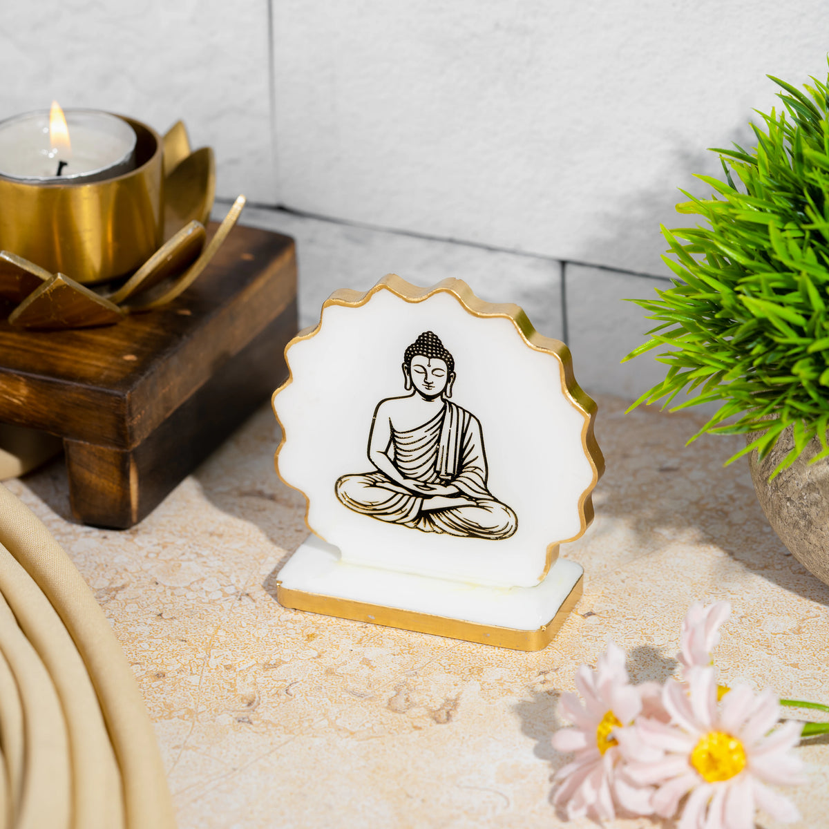 Handcrafted Resin Gautam Buddha  Dashboard Idol with Metallic Gold Sticker