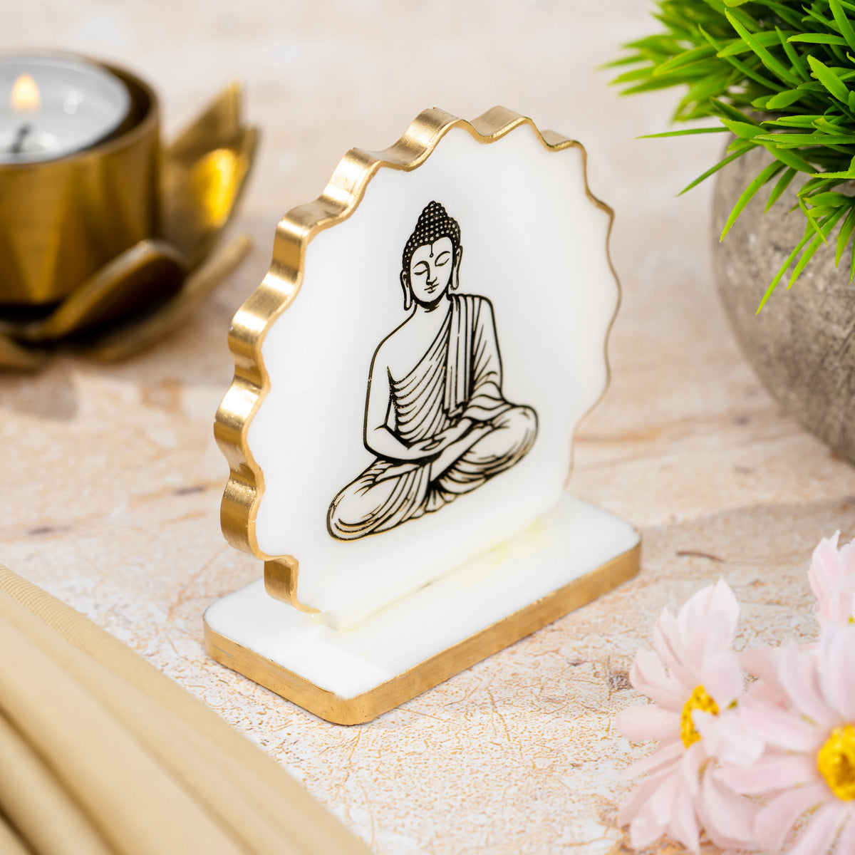 Handcrafted Resin Gautam Buddha  Dashboard Idol with Metallic Gold Sticker