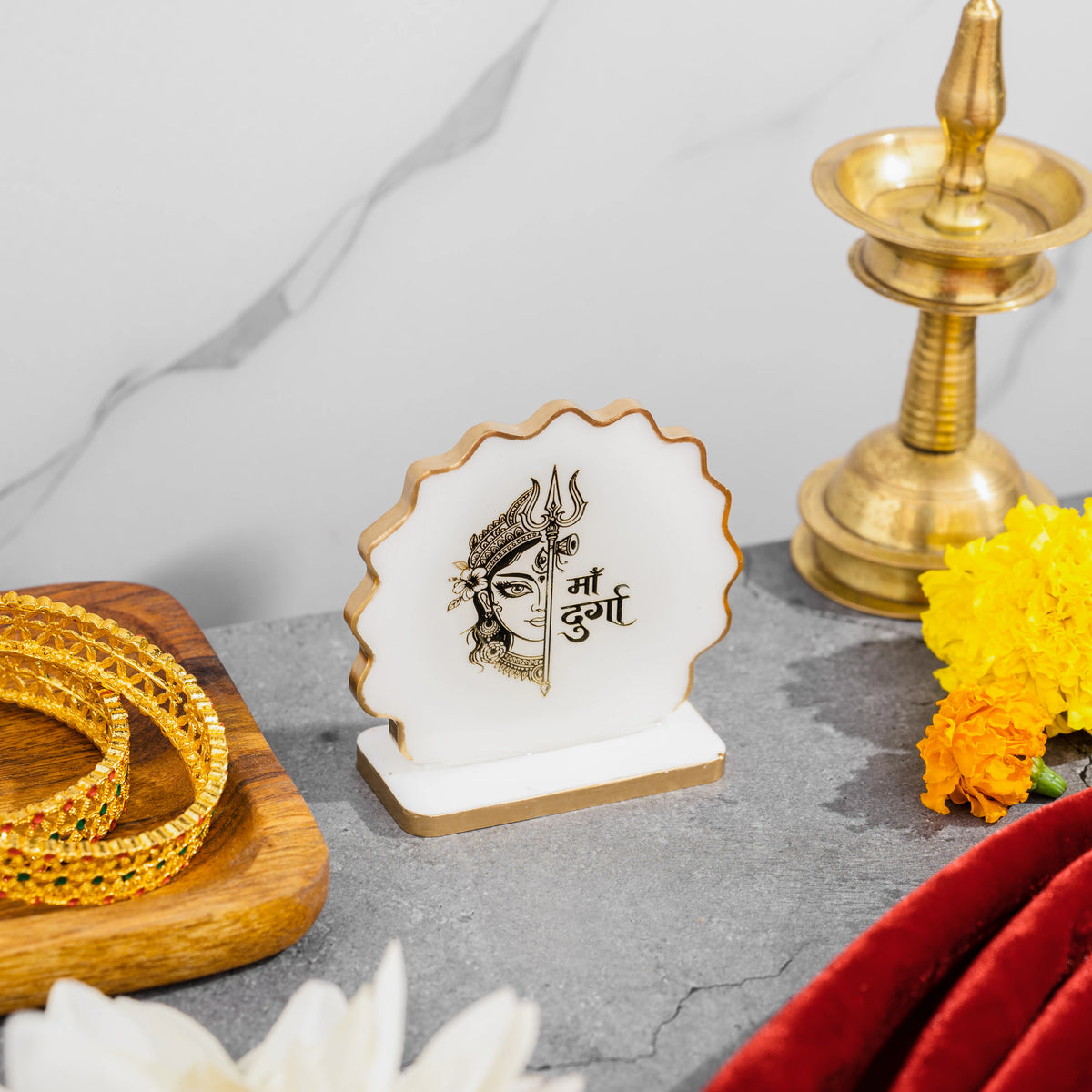 Handcrafted Resin Durga Maa Dashboard Idol with Metallic Gold Sticker
